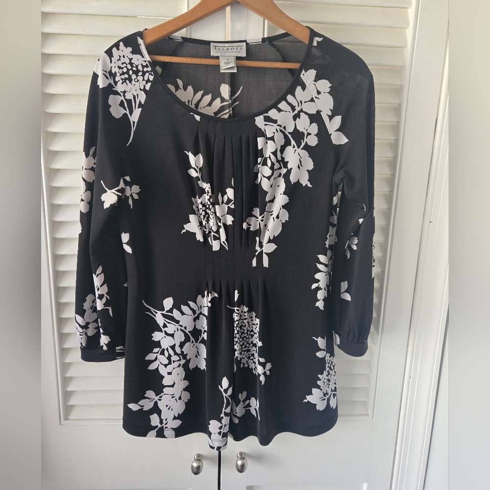 Talbots Floral Pleated Peplum Blouse Black White S - Picture 10 of 10